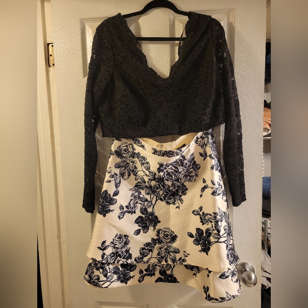 Formal 2 piece set black lace glitter top & floral white skirt size 18W